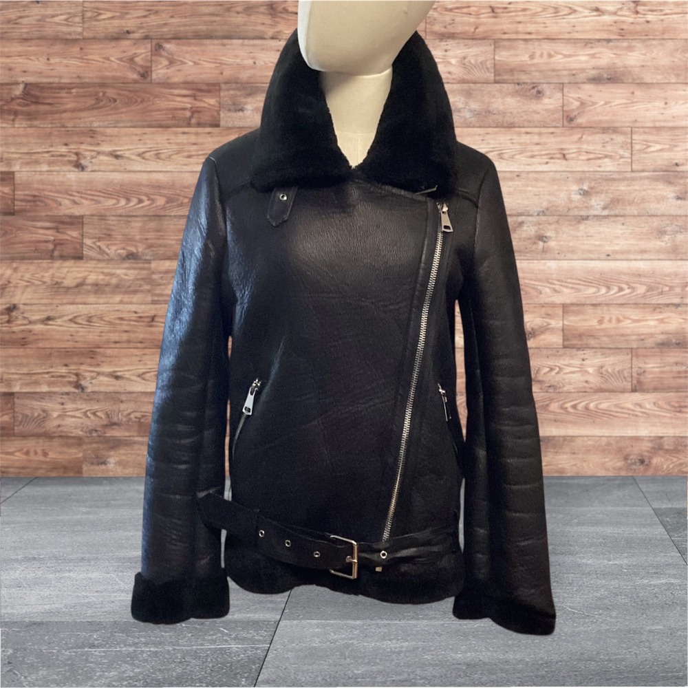L&J Studios Womens Black Faux Shearling Aviator Moto Jacket Belted XS Gothic - Picture 2 of 11
